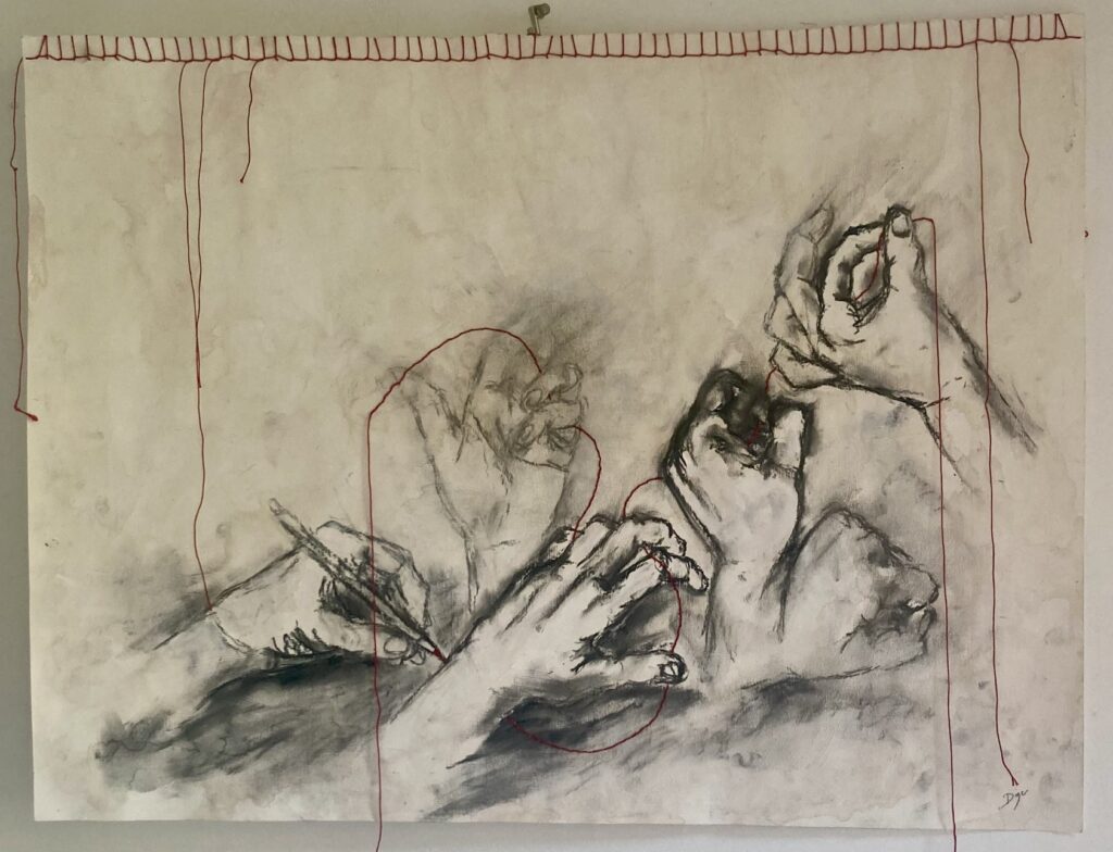 Houtskool, gesso, bister en garen op papier, 72,5 x 55 cm